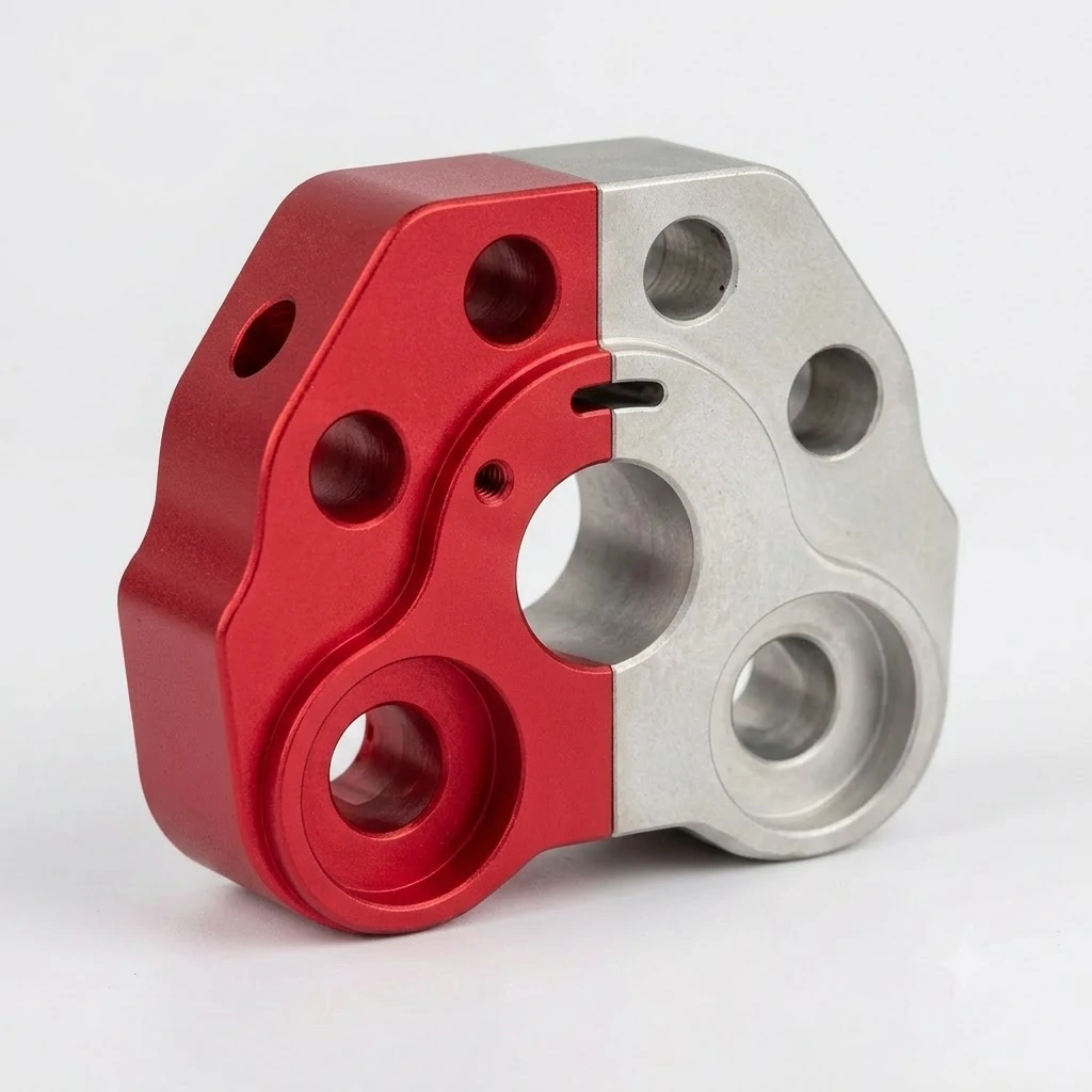 Custom CNC machined aluminum component demonstrating a split finish with half red anodized and half raw metal.