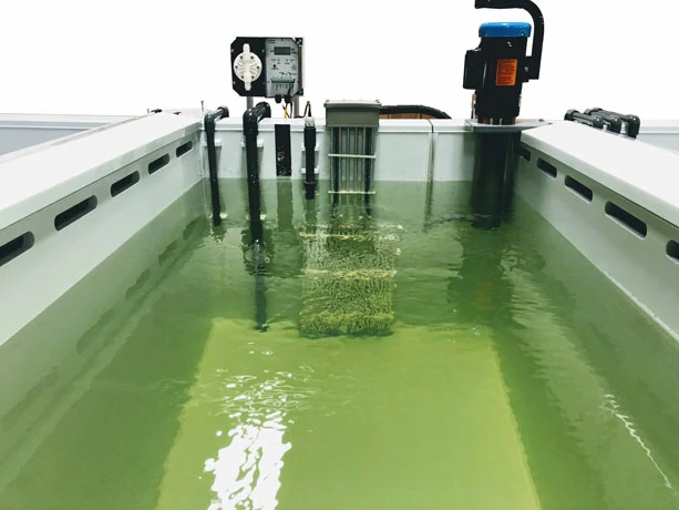 Industrial chemical dip tank filled with solution for the chromate conversion coating of metal components.