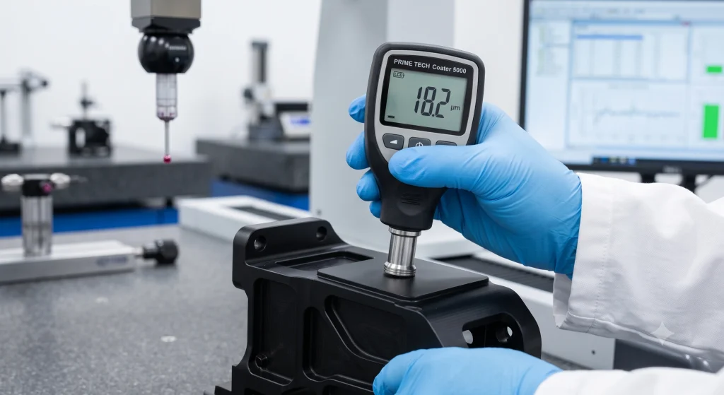 Quality control technician using a digital gauge to measure the coating thickness of a black CNC machined metal component.
