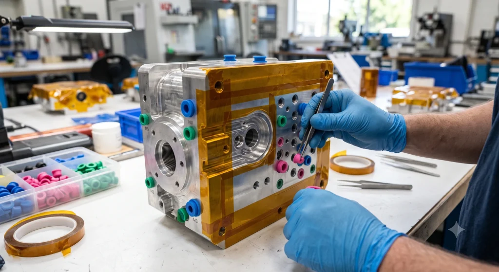 Technician applying protective Kapton tape and silicone plugs to mask a precision CNC machined aluminum block before surface treatment.