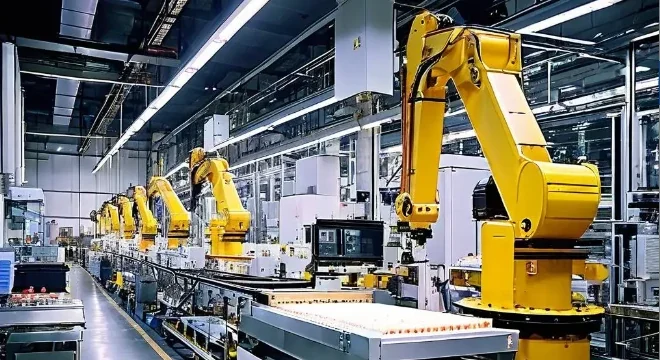 Fully automatic industrial robotic arm production workshop for mass manufacturing of CNC precision machined parts
