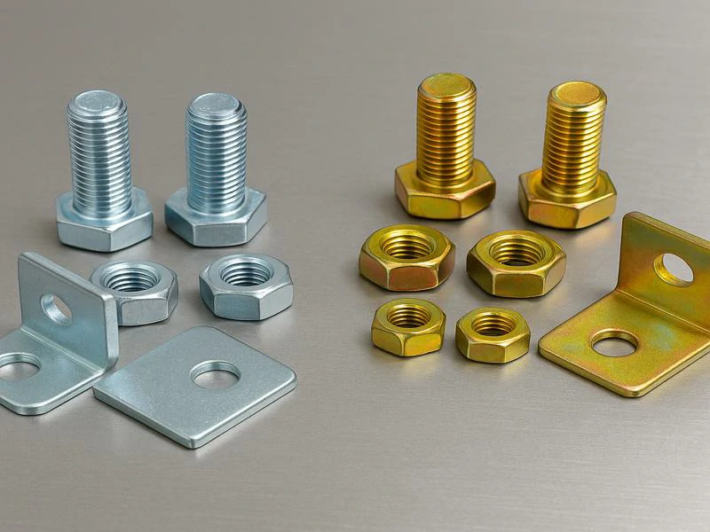 Comparison of machined metal bolts, nuts, and brackets featuring clear zinc and yellow zinc plating for corrosion protection.