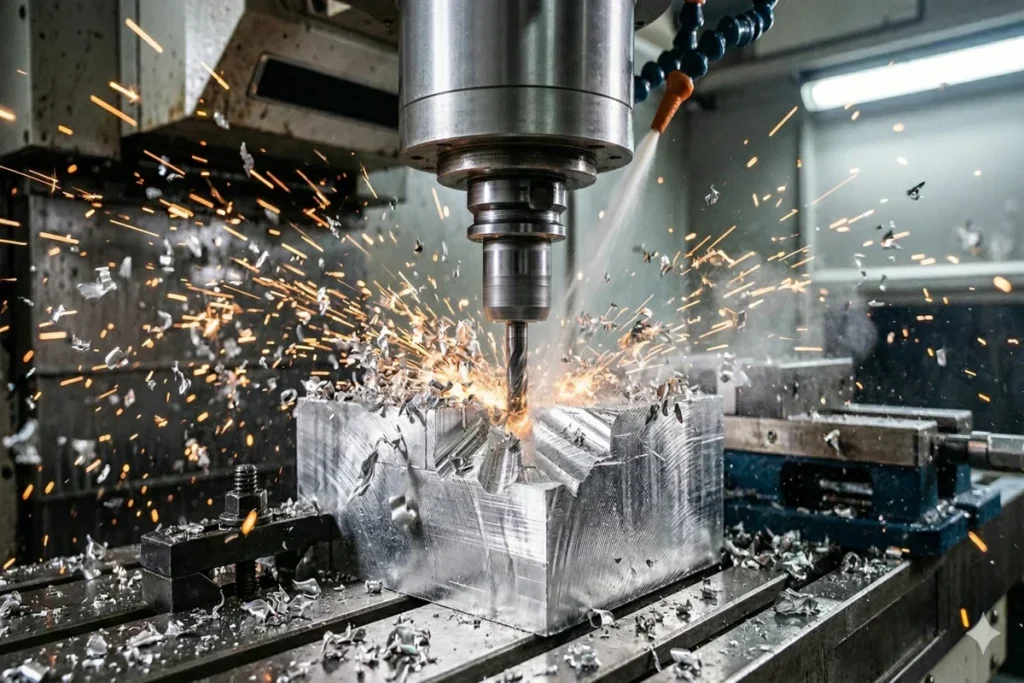 High-speed CNC milling machine performing heavy-duty metal block cutting with coolant and spark at WEHAO CNC shop.