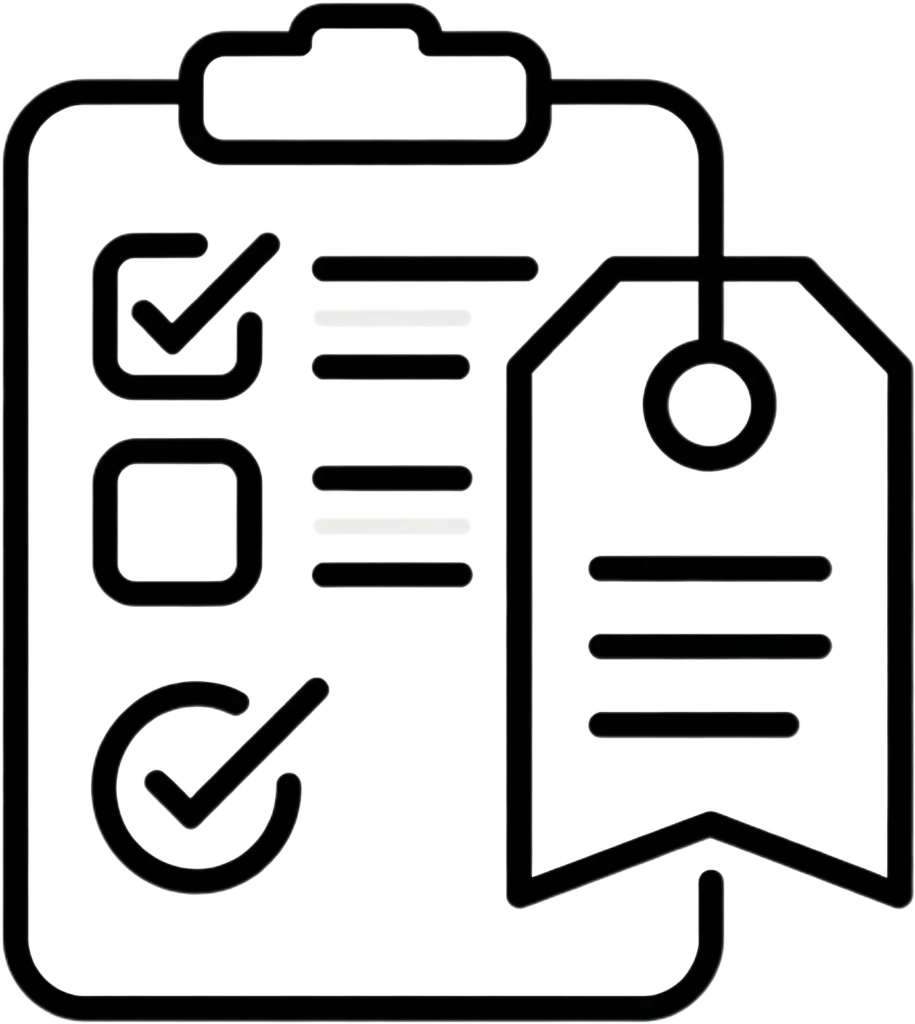 Line drawing of inspection checklist and tag, symbolizing full quality testing and traceability for precision machined parts