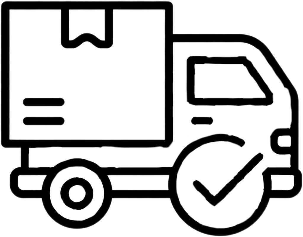 Line icon of delivery truck with checkmark, representing reliable global shipping for finished CNC machined components