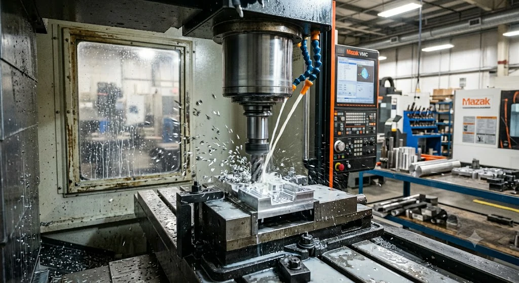 A modern high-speed CNC milling center actively machining a custom metal block with coolant spray, representing precise and efficient metal fabrication services.