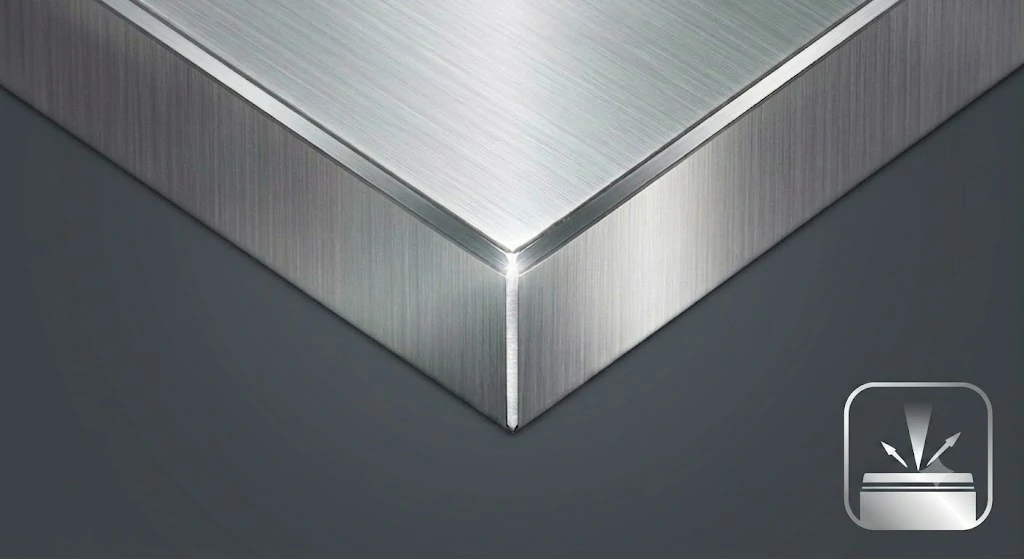 A stylized corner view of a brushed aluminum machined part exhibiting a distinct brushed surface texture and high-quality precision polished beveled edges with a manufacturing icon.