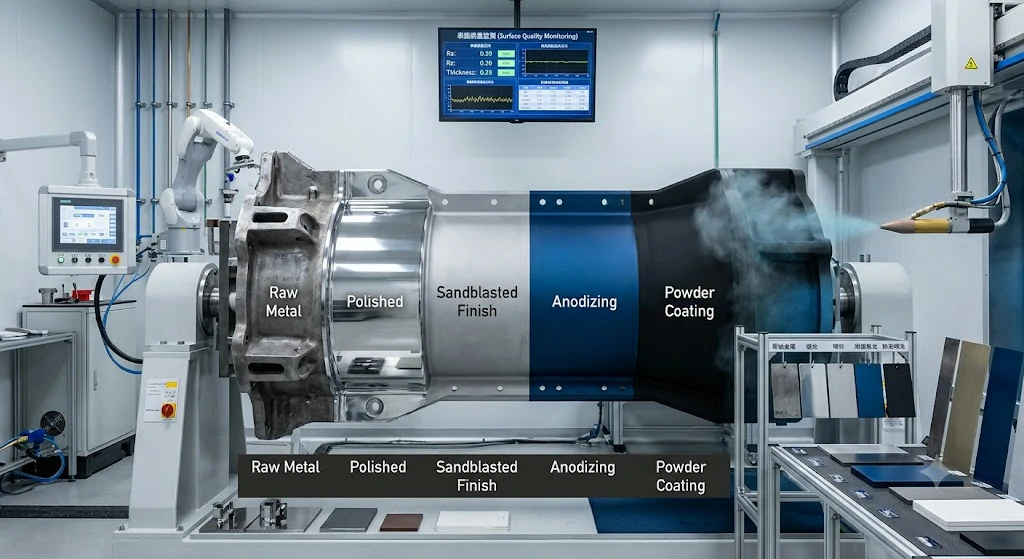 A comprehensive display of CNC machining surface finishes on a metal part, showcasing raw metal, polished, sandblasted, blue anodized, and black powder-coated sections in a quality control environment.