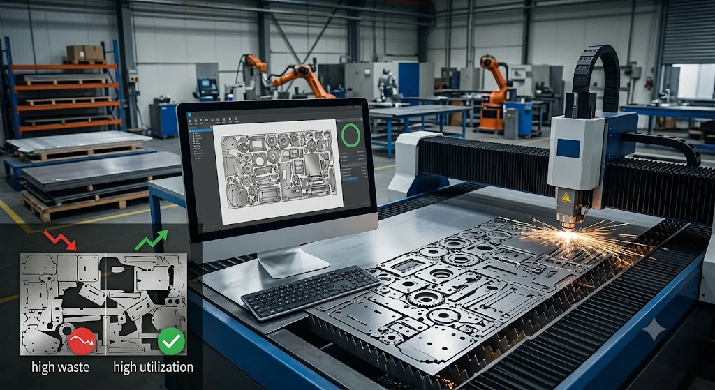 An automated CNC laser cutting station in a modern manufacturing facility with nested metal parts optimization displayed on a monitor for efficient material utilization.