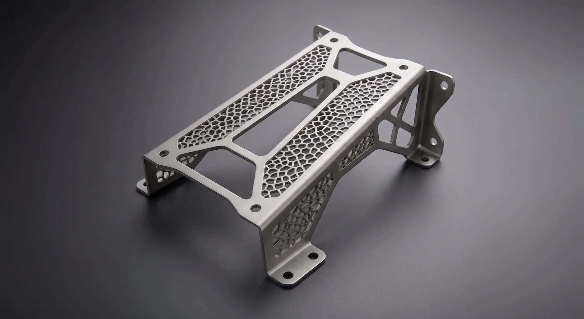 Lightweight titanium automotive bracket with complex mesh laser cuts and folds, adhering to safety certifications.