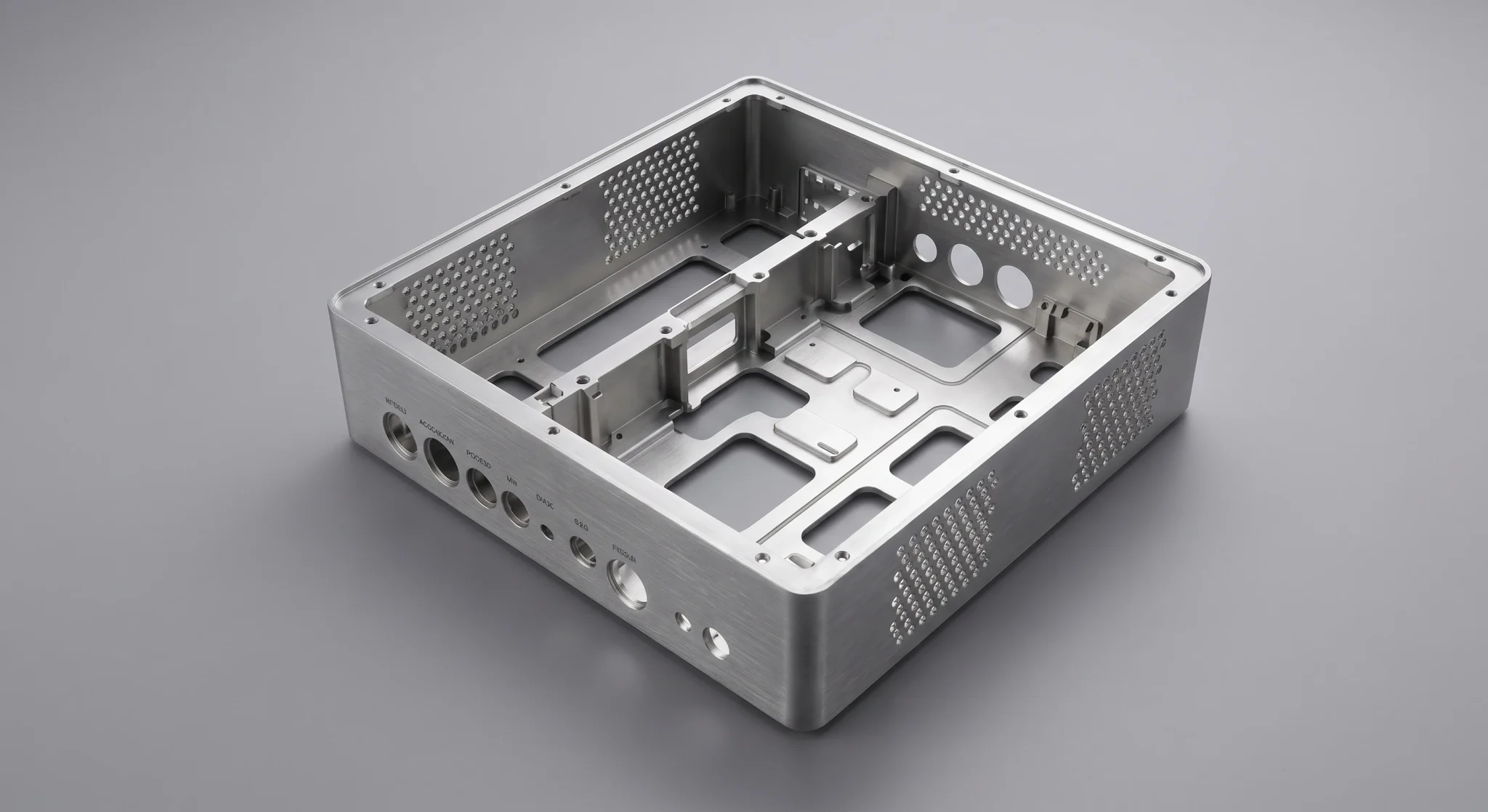 Deep-drawn aluminum electronics chassis with complex punch patterns, for premium electronic product lines worldwide.