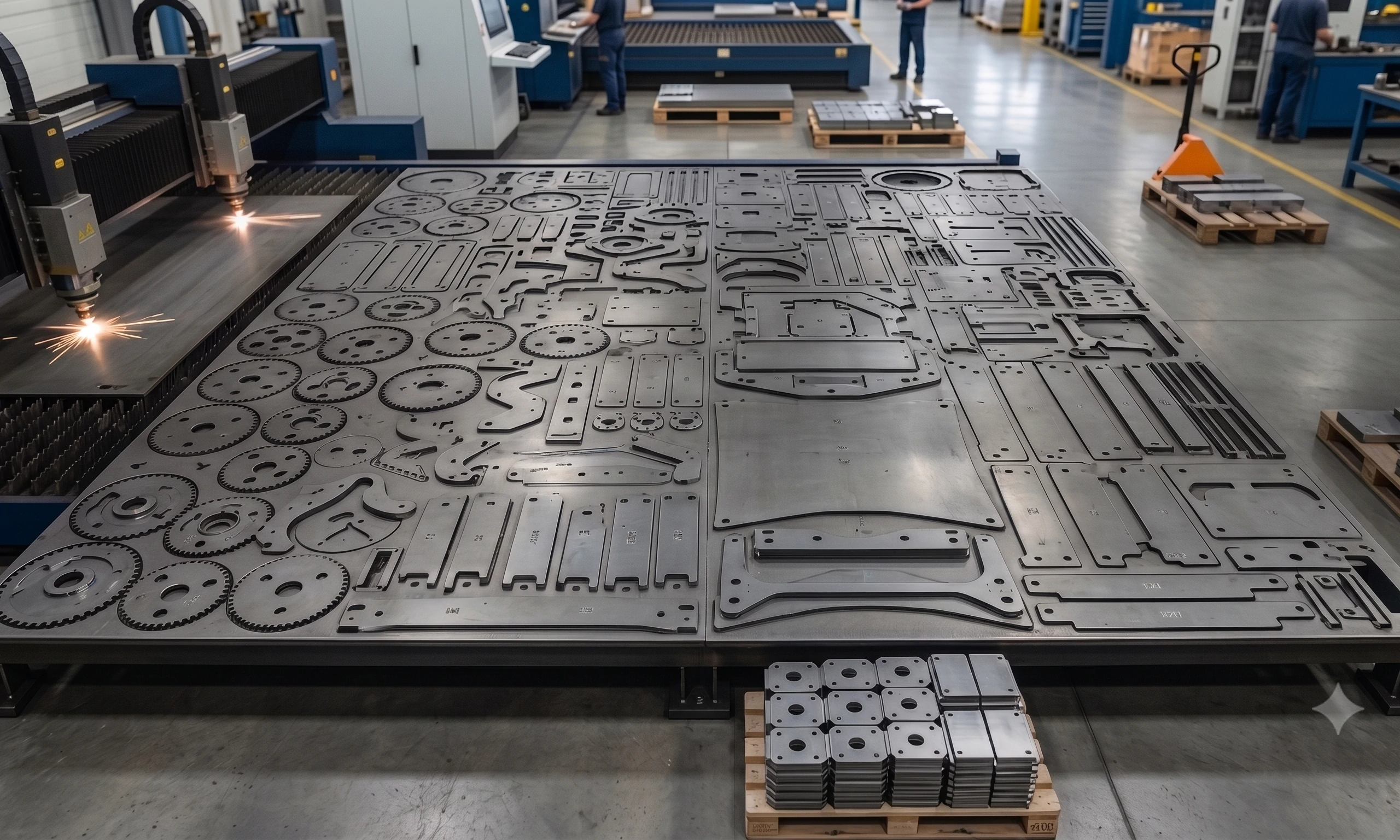 A panoramic view of an industrial CNC laser cutter in operation, alongside a large table displaying densely nested cut metal parts and a pallet of finished components, showcasing maximum material yield and rapid turnaround for B2B buyers.