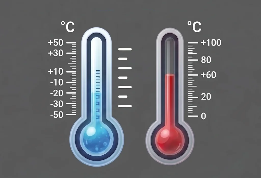 An infographic illustration of two digital thermometers showing distinct cold and hot temperature ranges representing tight environmental control capabilities for accurate B2B CNC machining.
