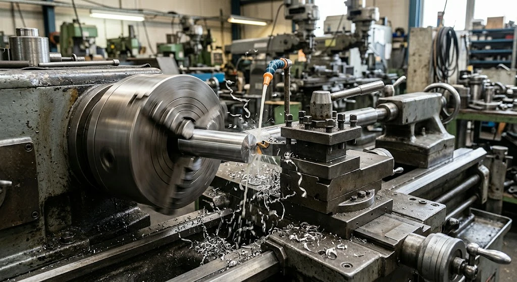 A close-up of a precision lathe machine performing CNC turning on a cylindrical metal rod with coolant and flying chips, demonstrating high-accuracy machining.