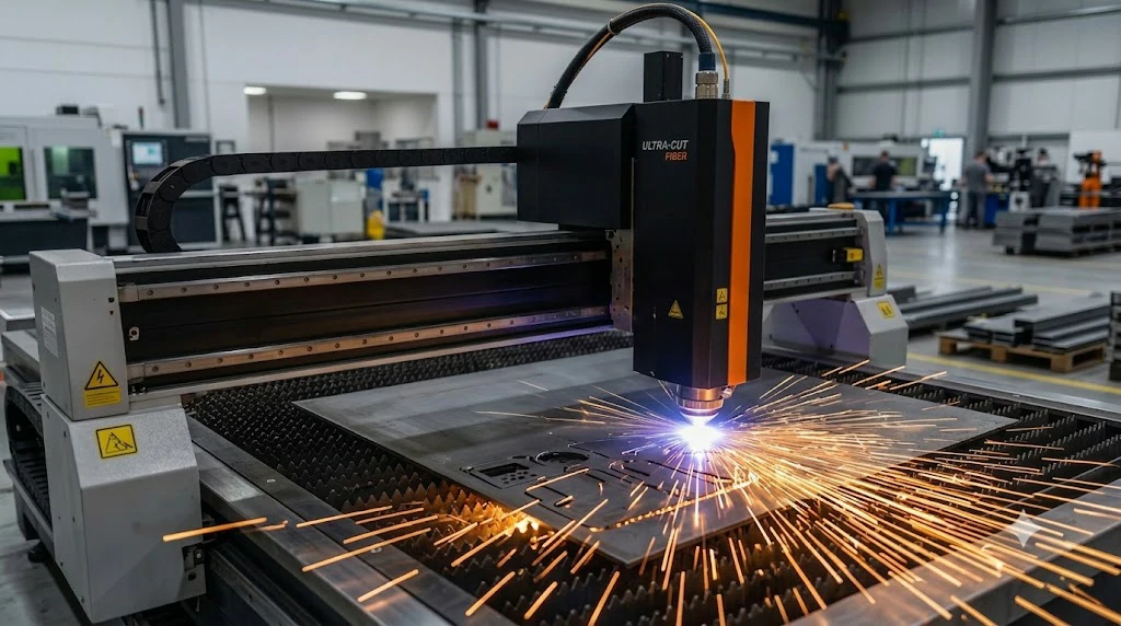 A close-up view of an industrial fiber laser cutting machine with the 'ULTRA-CUT FIBER' head actively processing a large metal sheet, sending bright sparks flying in a clean factory setting. This demonstrates our precision metal fabrication capabilities.