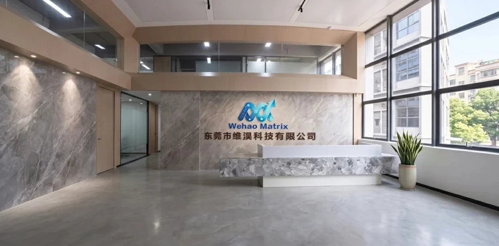 The modern corporate headquarters and reception area of Wehao Matrix, a trusted manufacturer specializing in custom CNC machining and precision components.